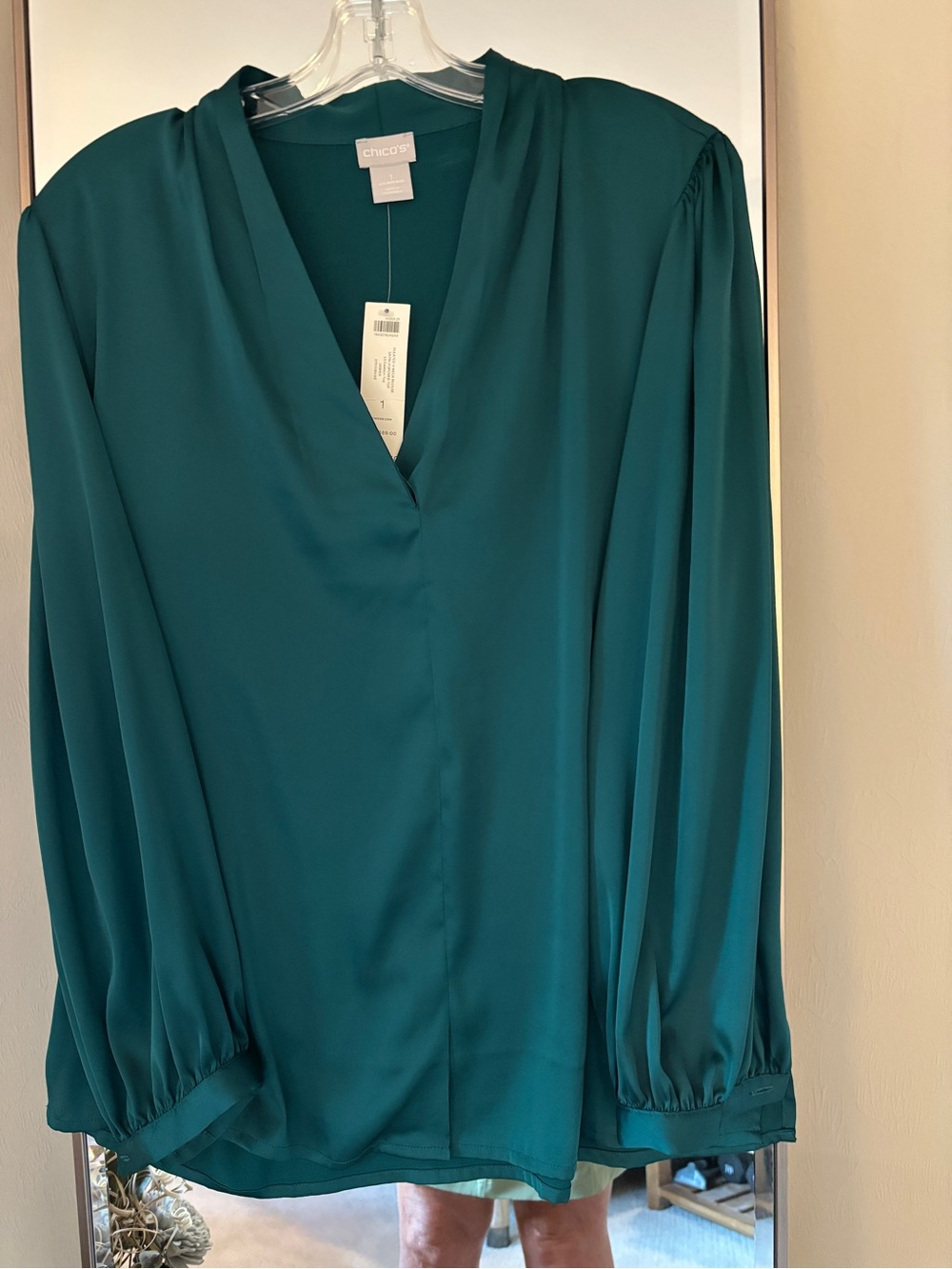 Chico's Teal V-Neck Long Sleeve Blouse with Draped Shoulders Chico’s size 1